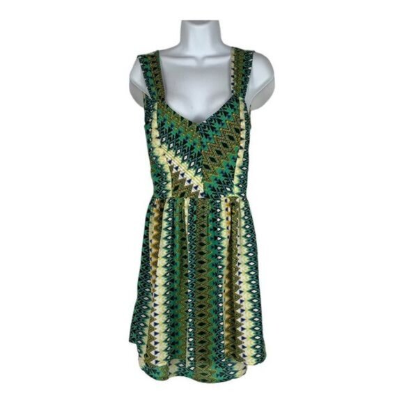 Bar III Womens Small Sleeveless Teal & Gold Geometric Print Dress - Picture 1 of 7